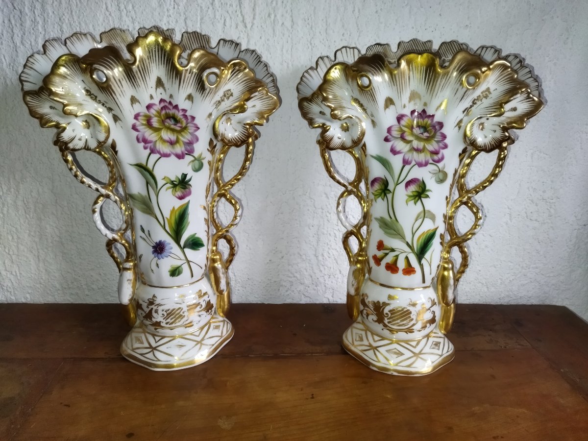 Pair Of Church Vases, Bridal Set, Paris Porcelain; Floral Design With Gilding; 19th Century, Napoleon III