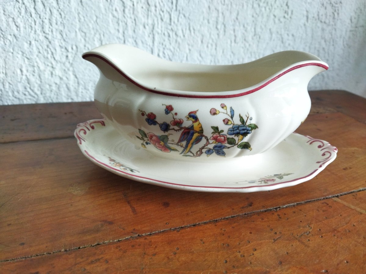 Villeroy & Boch "phoenix" Gravy Boat On A Vintage Base With Bird And Flower Decor -photo-3