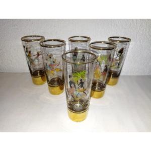 6 Verres Dorés à Orangeade Vintage  Décor De Personnages Africains Peints à la Main