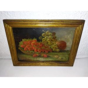 Still Life On Panel "basket Of Strawberries And Grapes" L. Combes