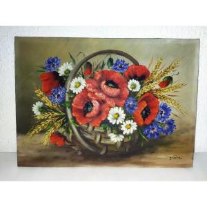 Oil On Canvas Still Life "poppies And Ears Of Wheat" Girardet