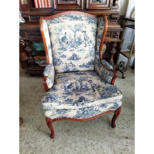  BERGERE à Oreilles Fauteuil ancien Tissu Toile de Jouy Bleue Bon état