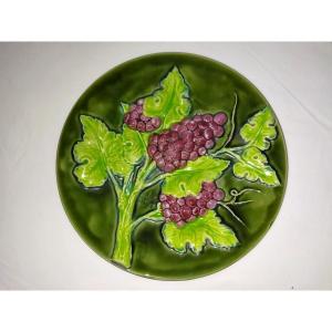 PEZZO Grand Plat de Collection Barbotine  Faïence émaillée Fort relief Grappe Raisin 