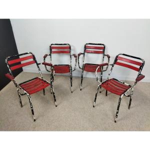 TOLIX/PAUCHARD Série de 4 Fauteuils Tubulaires Assise  &  Dossier Métal Accotoirs Bois 