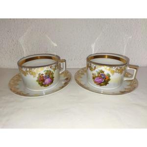 2 Tasses et Sous-tasses Porcelaine irisée Allemande Dorure & Scènes romantiques GERMANY 