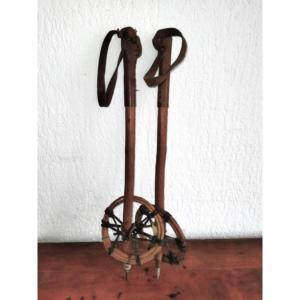 Pair Of Antique Ski Poles For Children Wood And Leather Folk Art Collection