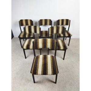 6 Wooden And Striped Fabric Chairs Vintage Furniture Contemporary Design 1970s