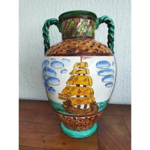 Monaco Vase Antique Painted & Glazed Ceramic Boat Decor Circa 1954 Collection