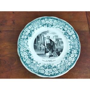 CREIL & MONTEREAU Assiette Légendée "SAINT JOSEPH" Patron des Charpentiers Collection XIX