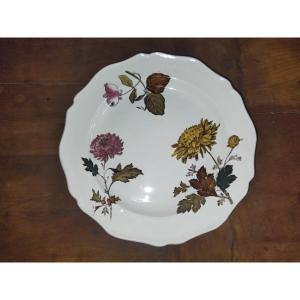CHRYSANTEMUM PLAT ancien sur Piédouche en Faience Décor Floral Couleurs Automnales