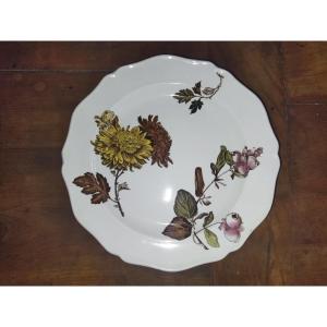 CHRYSANTEMUM PLAT ancien sur Piédouche en Faience Décor Floral Couleurs Automnales