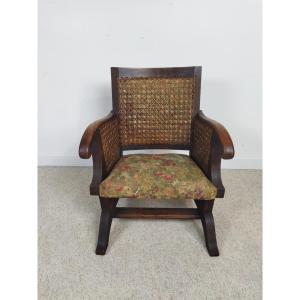 FAUTEUIL Ancien Bois massif  Cannage et Tissu Assise Ressort & Sangle 