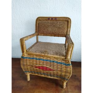 Vintage Children's Chest Chair Woven Rattan And Fabric Collection