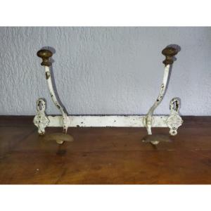 Antique Wall-mounted Coat Rack, Wrought Iron, 2 Ball Hooks, 19th Century 