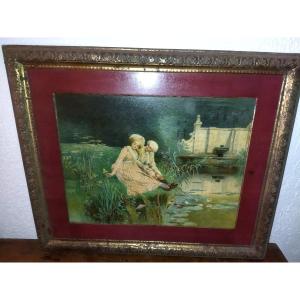 TABLEAU SUR MÉTAL Cadre Embouti Scènes romantique du XVIII Éditeur SIRVEN Toulouse Paris