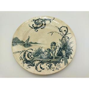 Vieillard Bordeaux Antique Earthenware Plate With Cherub Decoration "neptune" 19th Century