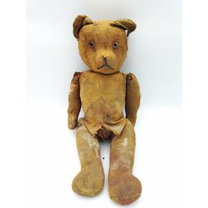 OURS Ancien Jouet d'Enfant Peluche De Collection Tissu & Paille XIX 