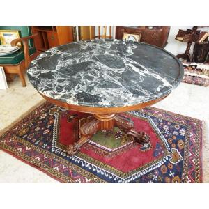 Pedestal Table, Solid Wood, Mahogany Veneer, Tripod Base With Claw Feet, Marble Top 