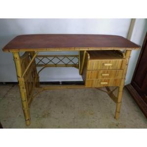 AUDOUX MINET BUREAU Vintage en Bois et Rotin Design Années 60