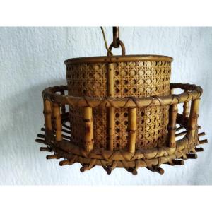 SUSPENSION LUSTRE Vintage Bois Bambou et Rotin SOGNOT AUDOUX-MINET 