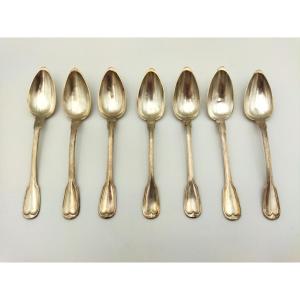 Set Of 7 Solid Silver Teaspoons, Minerva Mark, 19th Century, Maker's Mark