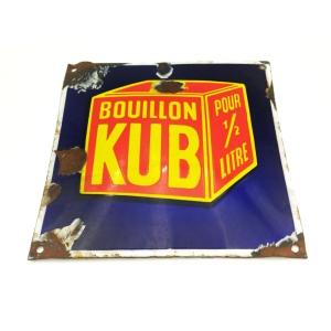 BOUILLON KUB 1/2 Litre  Plaque bombée Émaillée publicitaire ancienne 20x20cms Collection