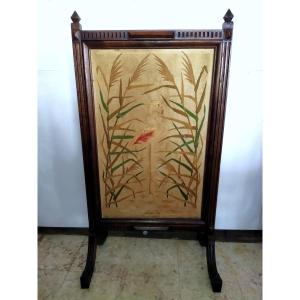 Écran de Cheminée Ancien Tissu brodé au Fil Décor FLAMAND ROSE XIX 