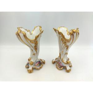 Pair Of Vases Limoges Porcelain Cornucopia Floral Decoration And Gilding Paul Pastaud