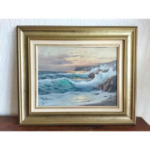 GIORDANI Huile sur Toile Paysage Littoral Marin Falaise Mer Agitée