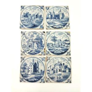 Série de 6 Carreaux Anciens en Céramique de DELFT Motifs Champêtres Chateaux...