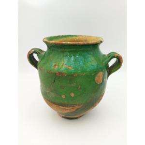 POTERIE VERTE Vernissée Ancienne Sud-Ouest Pot à Graisse/Confit Art Populaire Collection 18cms