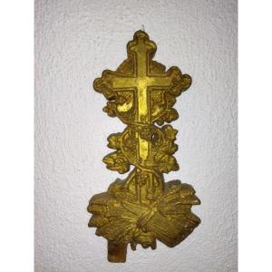 CRUCIFIX Mural Ancien Ornement Religieux Plâtre doré XIX