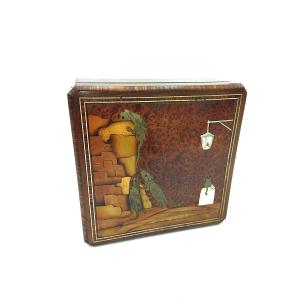 Wooden Jewelry Box With Inlays, Red Padding, "city Rats" Scene