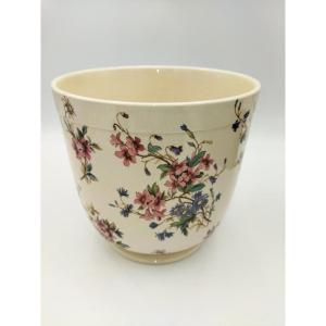 SARREGUEMINES CACHE-POT Ancien en Faience Motif Floral Modèle "RIGHI" XIX