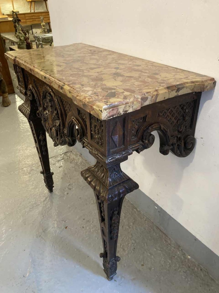 Carved Oak Wall Console With Marble Top, 19th Century-photo-2