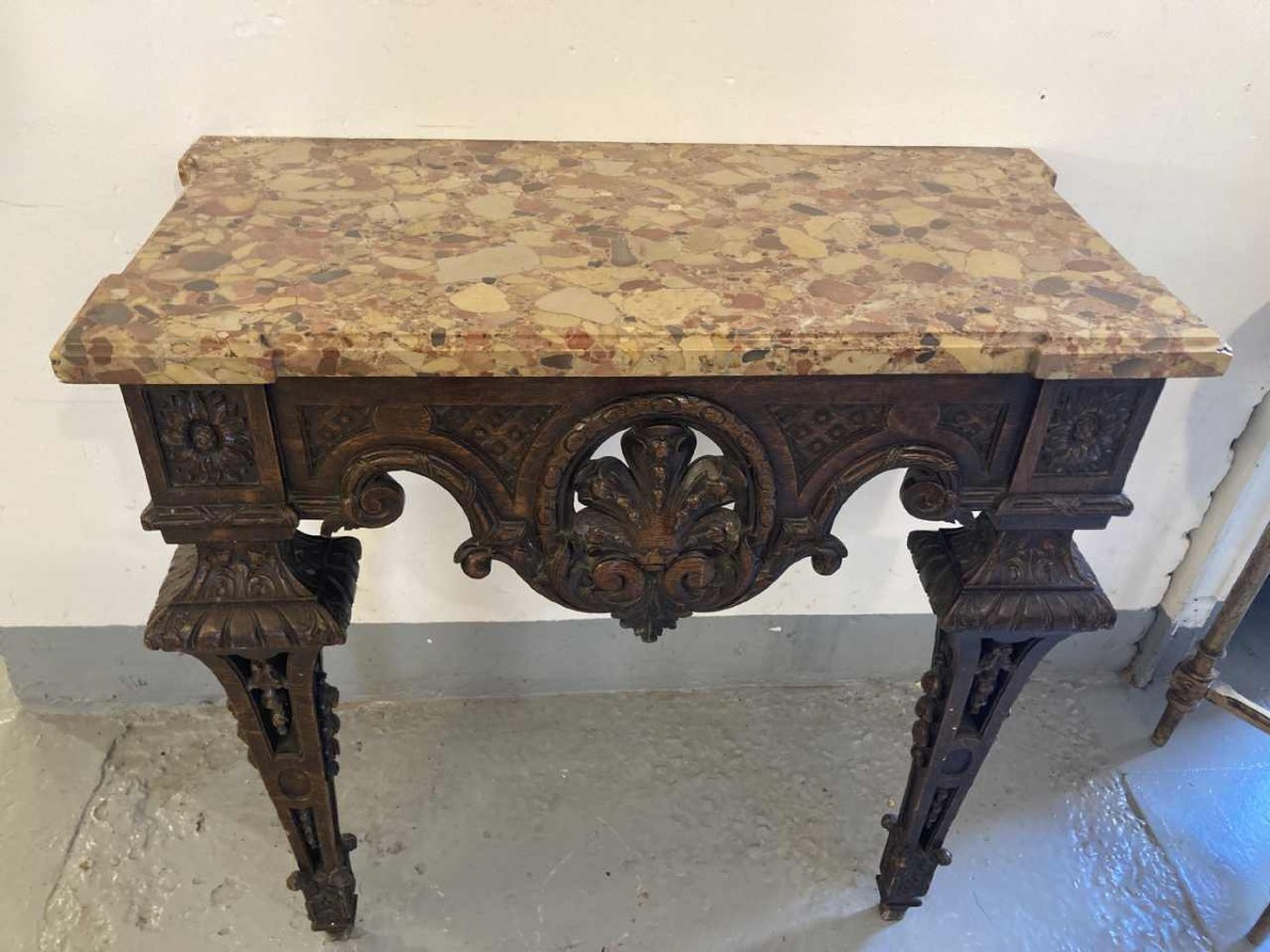 Carved Oak Wall Console With Marble Top, 19th Century