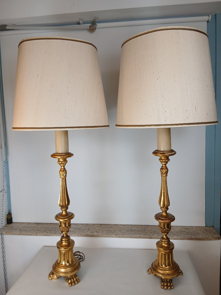 paire de lampes en bois doré fin 19ème
