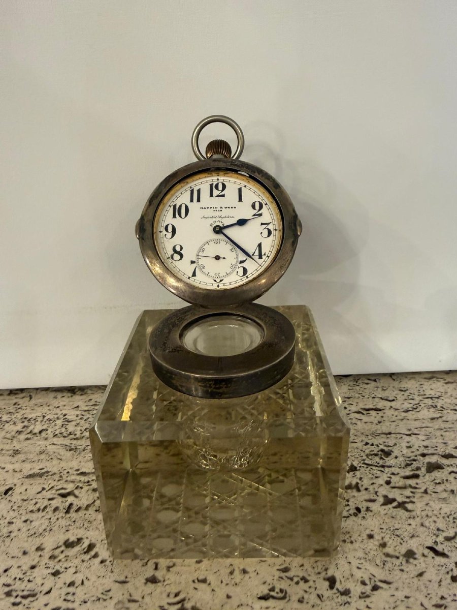 Encrier pendule en cristal avec montre à gousset MAPPIN & WEBB-photo-3