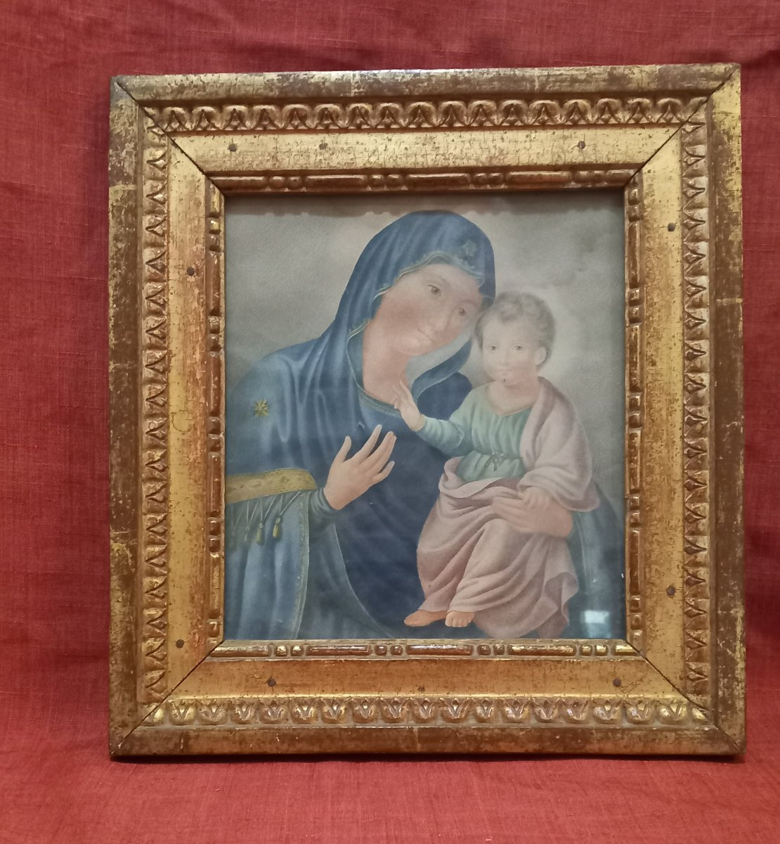 Frame With Religious Engraving Of The Virgin And Child In Gilded Wood-photo-2