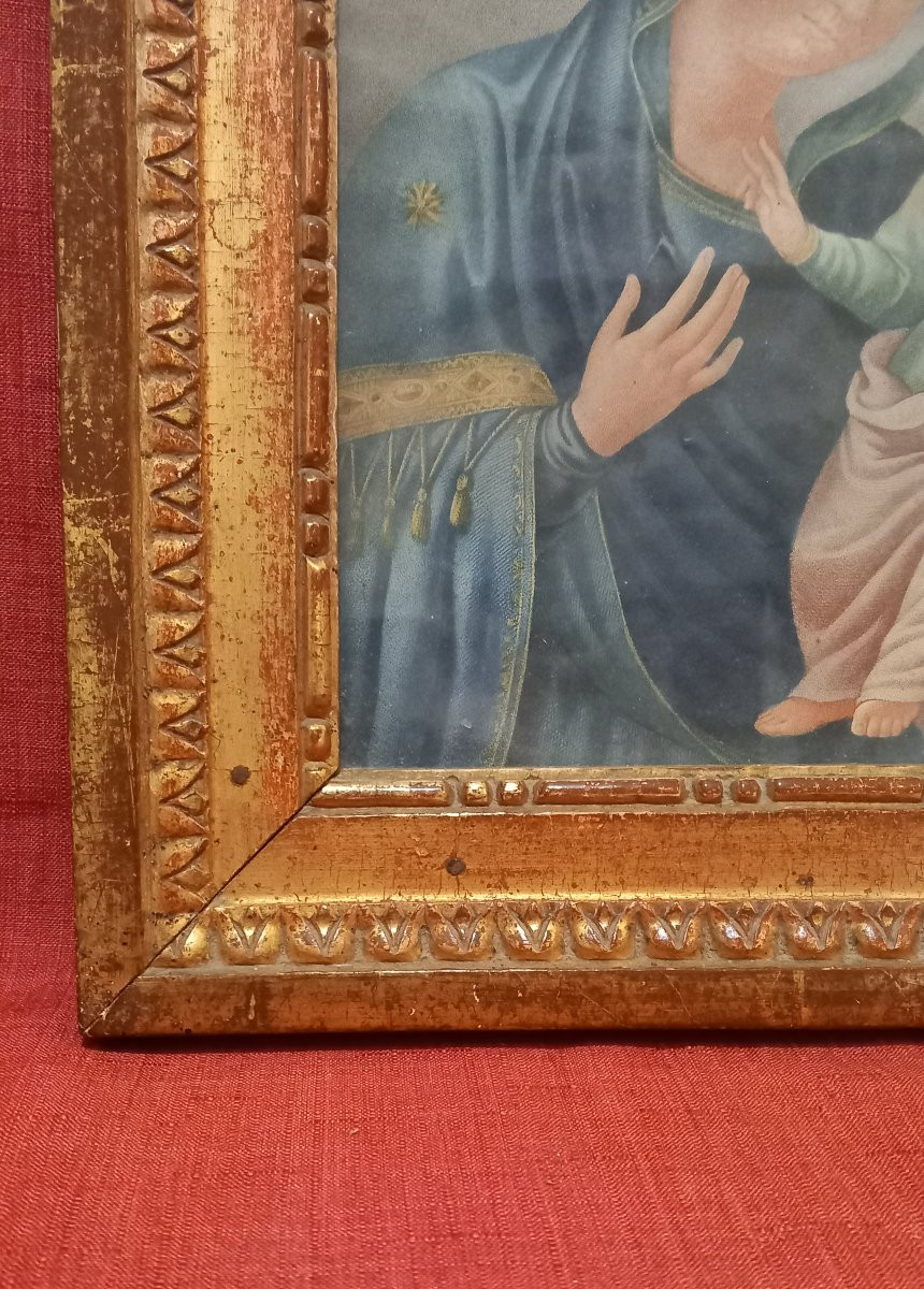 Frame With Religious Engraving Of The Virgin And Child In Gilded Wood-photo-3