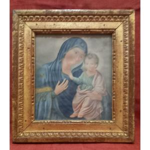 Cadre avec gravure religieuse vierge à l'enfant en bois doré