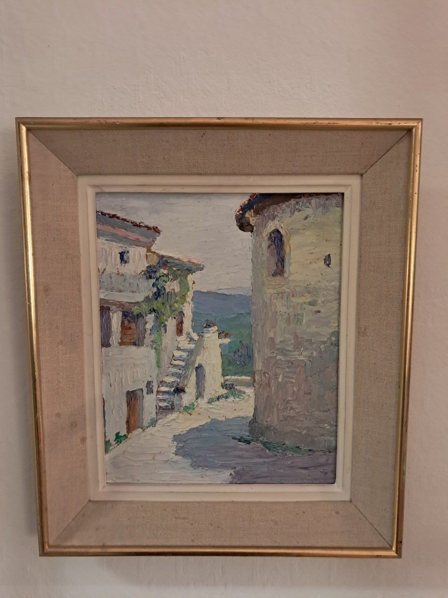 Tableau  Huile sur bois vue de puygiron Drôme.