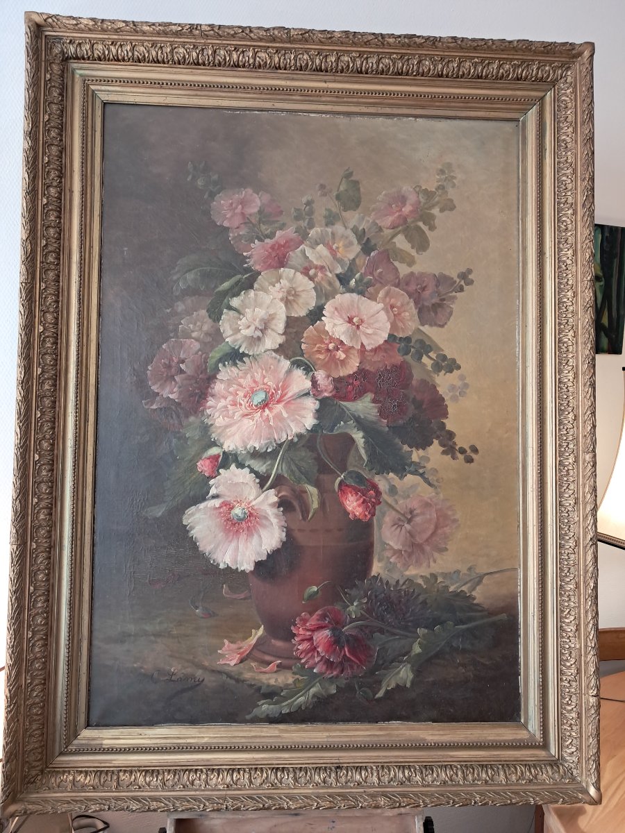 Très grand tableau  bouquet de fleurs fin 19 ème 