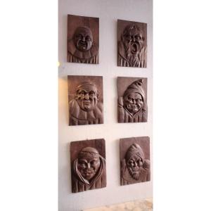 6 Oak Sculptures Representing Monks