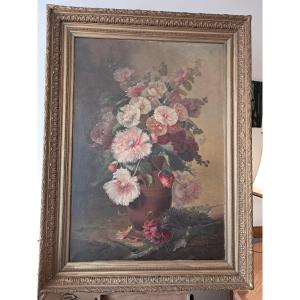 Très grand tableau bouquet de fleurs fin 19 ème