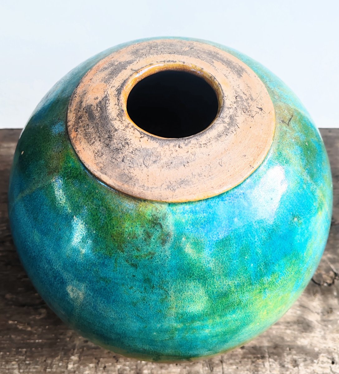 Gisèle Buthod-Garçon Grand vase en grés émaillé nuancé de couleur bleu vert ocre XX ème-photo-3