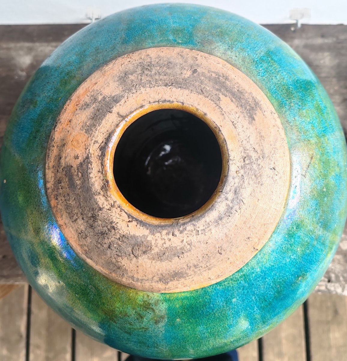 Gisèle Buthod-Garçon Grand vase en grés émaillé nuancé de couleur bleu vert ocre XX ème-photo-4