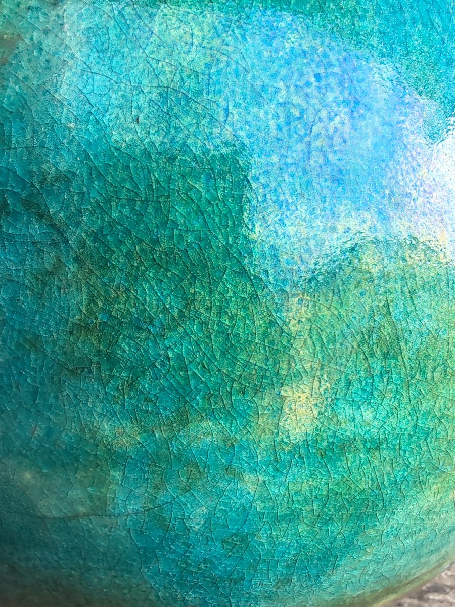 Gisèle Buthod-Garçon Grand vase en grés émaillé nuancé de couleur bleu vert ocre XX ème-photo-1