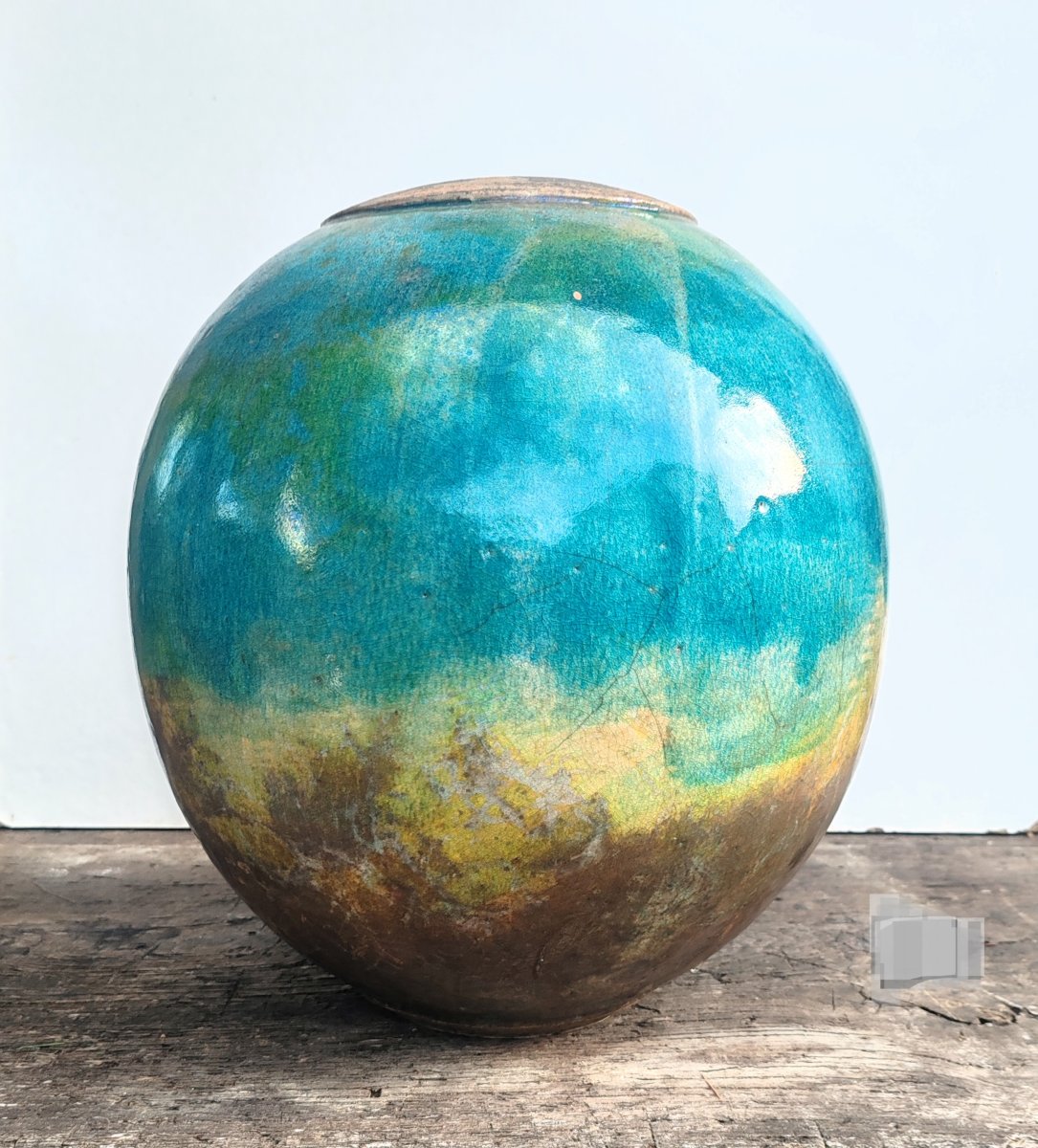 Gisèle Buthod-Garçon Grand vase en grés émaillé nuancé de couleur bleu vert ocre XX ème