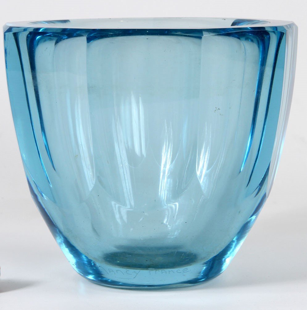 DAUM Nancy France Vase cristal bleu à côtes taillées vers 1930-photo-2